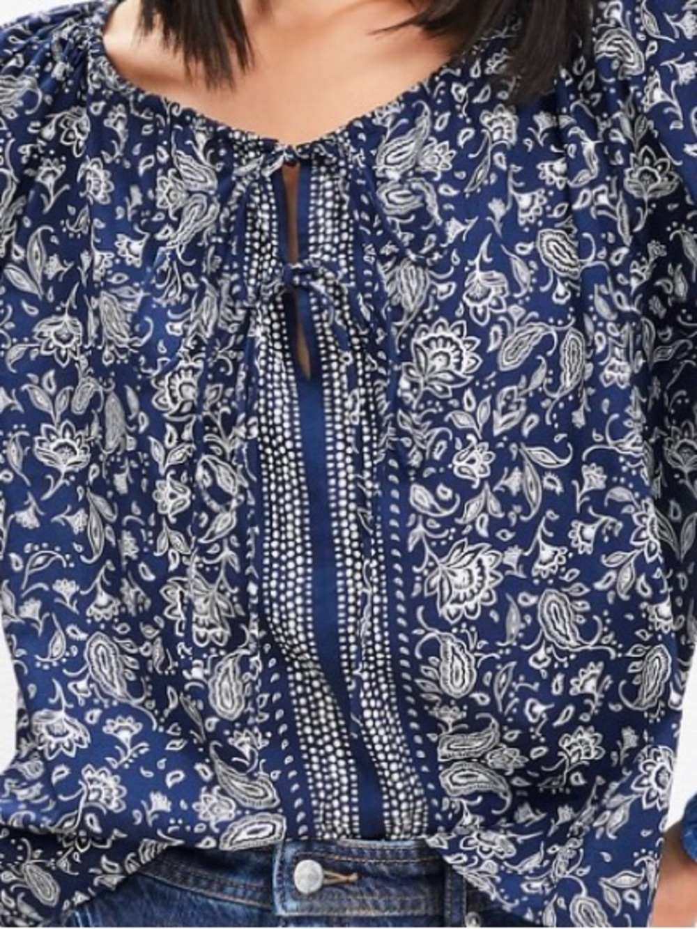 Loft Women's Navy Paisley Peasant Top - Size M